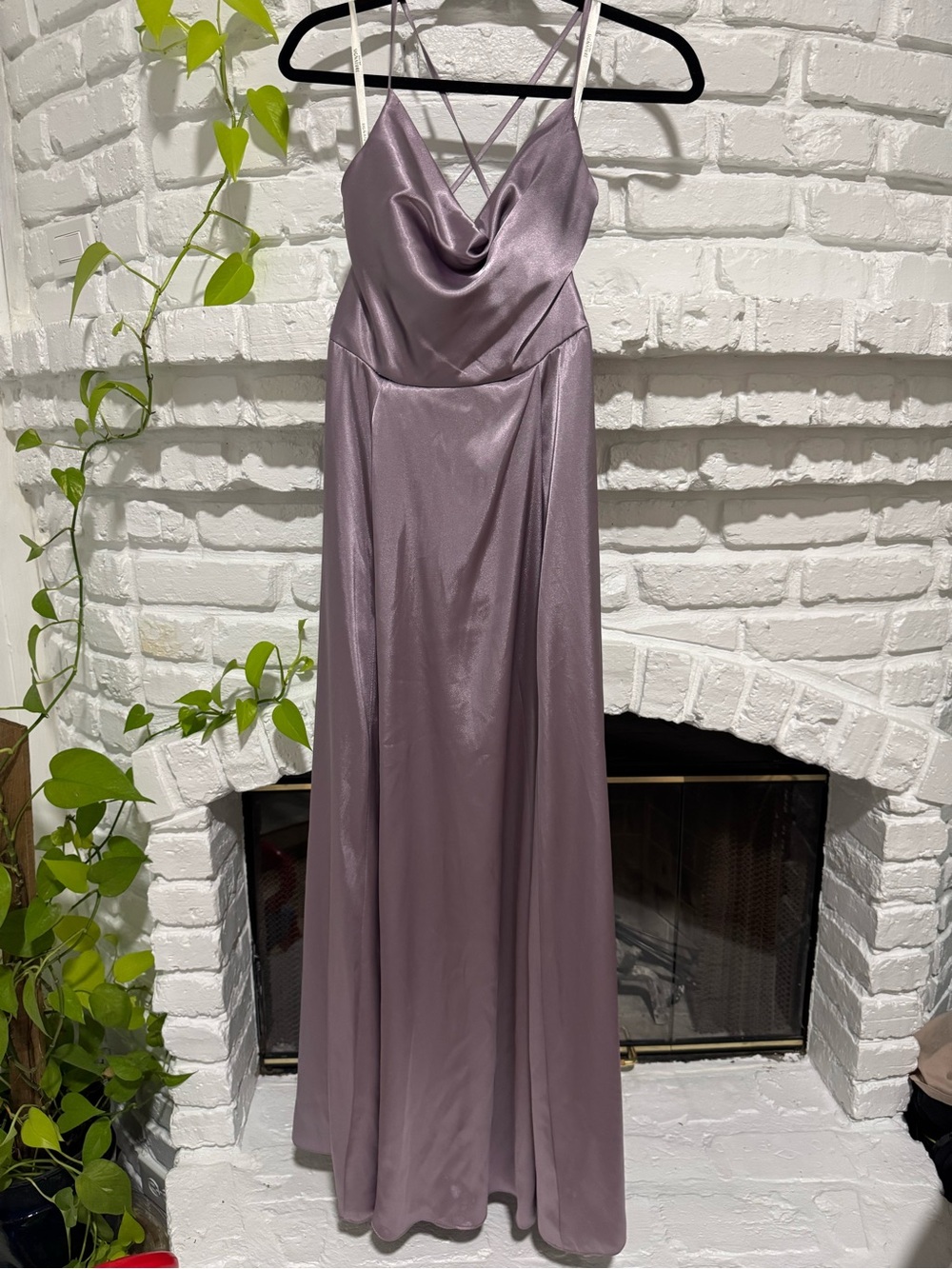 Satin Cowl Neck Spaghetti-Strap Maxi Dress in Dusty Lavender